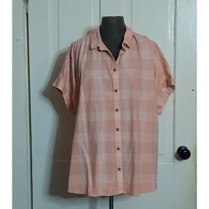 Sandstone Pink Plaid Linen Blend Blouse Short Sleeve Roll Cuff Boho, Time Tru XL